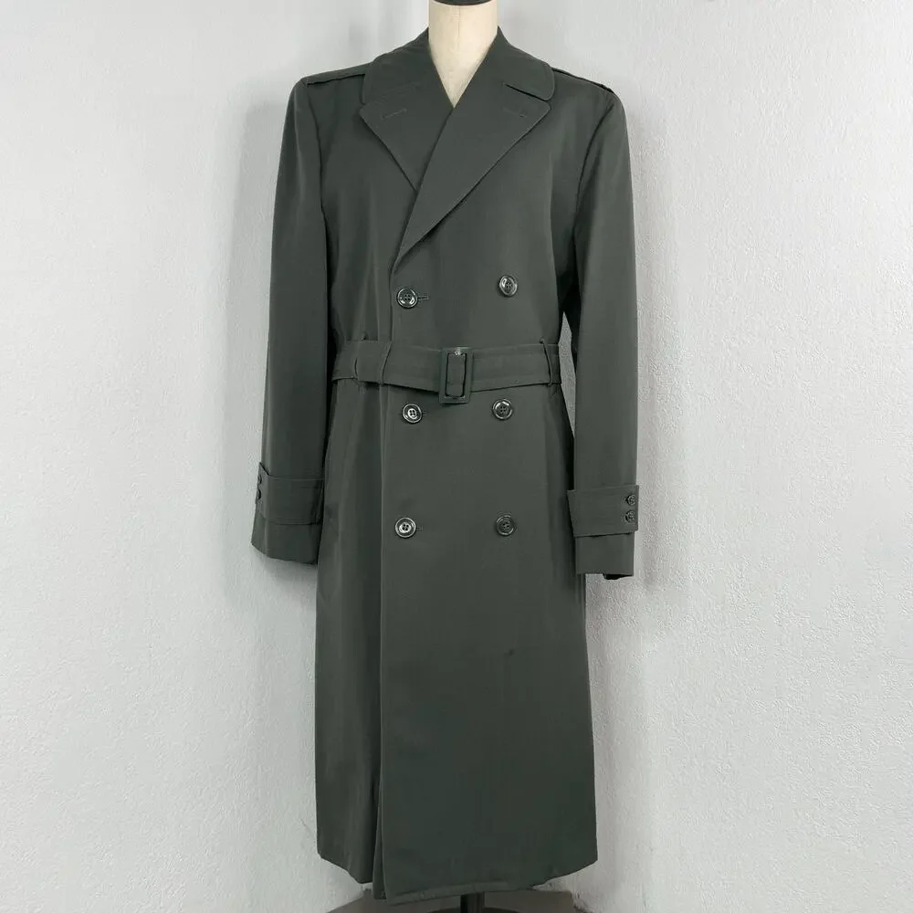 Vintage Military Wool Overcoat Gaberdine Belted Trench Removeable Liner 36L